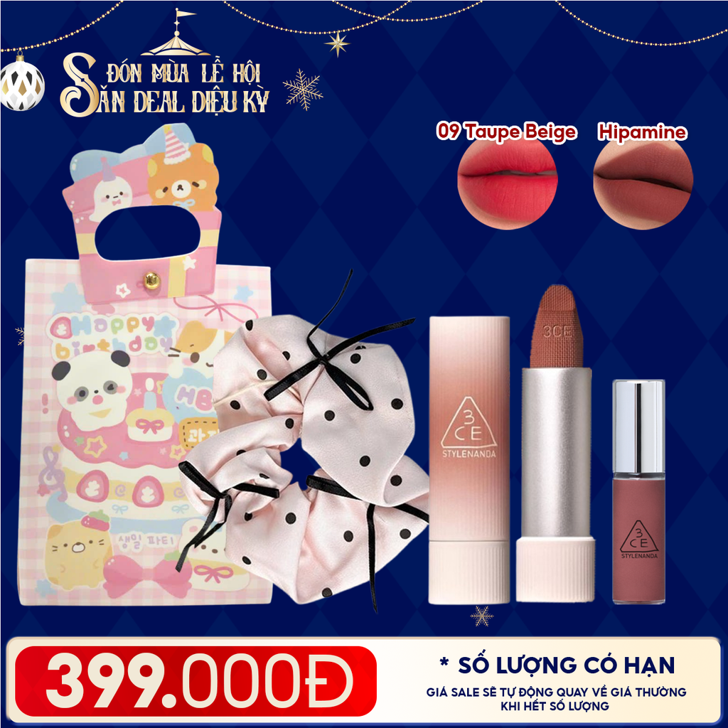 Combo Quà Tặng: Túi Quà + Son Thỏi Mịn Lì, Mềm Môi 3CE 09 Taupe Beige + Cột Tóc + Son Kem Lì Mini 3CE Hipamine