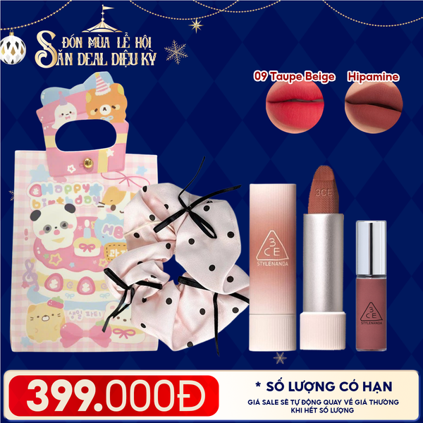  Combo Quà Tặng: Túi Quà + Son Thỏi Mịn Lì, Mềm Môi 3CE 09 Taupe Beige + Cột Tóc + Son Kem Lì Mini 3CE Hipamine 