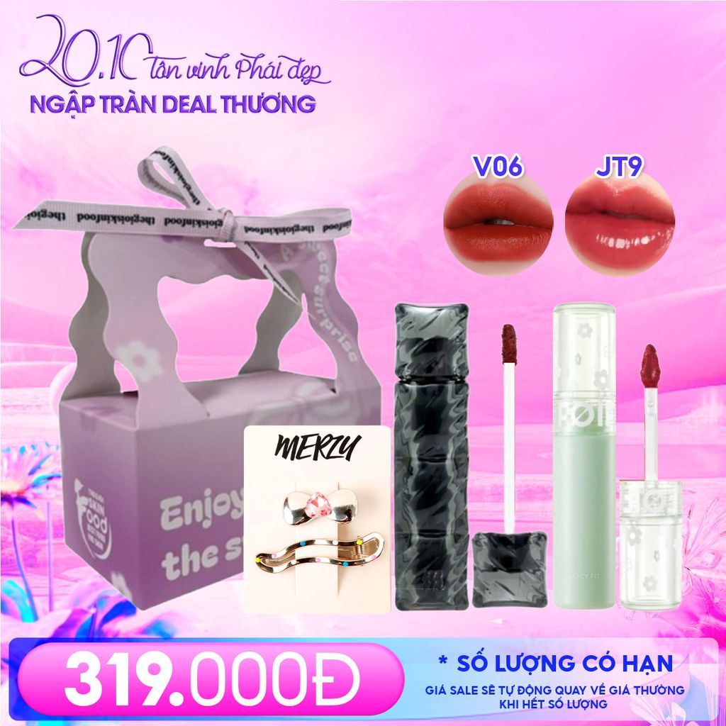 Combo Quà Tặng 20/10: Kẹp tóc Merzy + Son Kem Lì Merzy 3.7g #V6 + Son Tint Bóng FOIF 3g #JT9 + Túi Hộp Nhỏ #Hồng