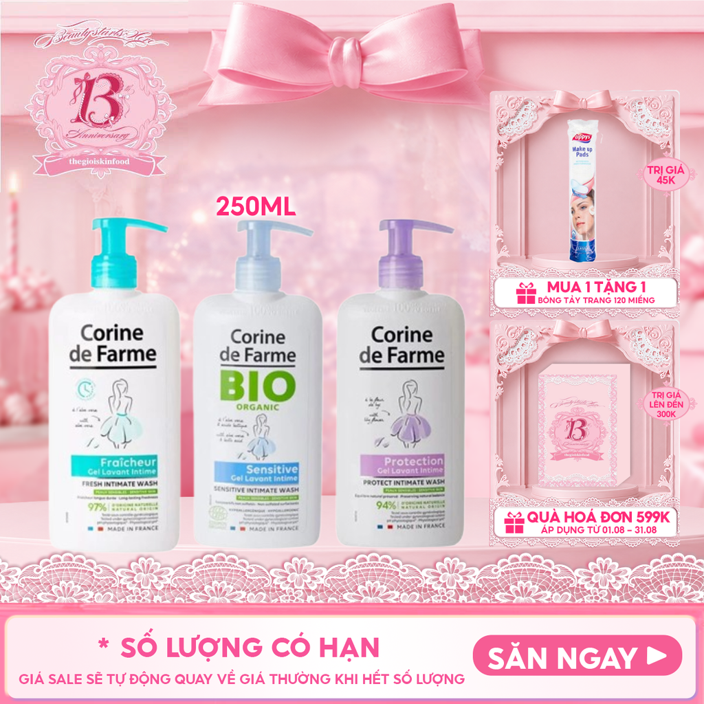 Dung Dịch Vệ Sinh Phụ Nữ Corine De Farme Giúp Làm Sạch Nhẹ Nhàng Intimate Wash 250ml (Che tên sản phẩm khi giao hàng)