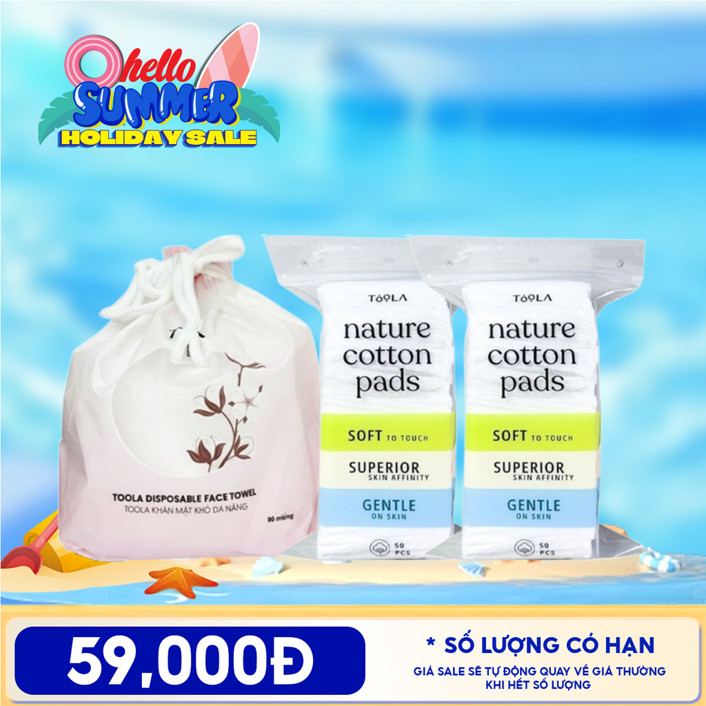 Combo Du Lịch TOOLA: Bông Tẩy Trang Mềm Mịn TOOLA + Khăn Mặt Khô Đa Năng TOOLA