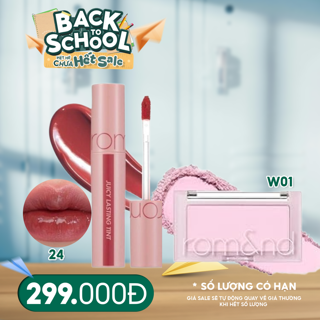Combo 2 Sản Phẩm Romand: Son Tint Lì Căng Bóng Juicy Lasting Tint 5.5g #Màu 24+ Phấn Má Hồng Dạng Nén Better Than Cheek
