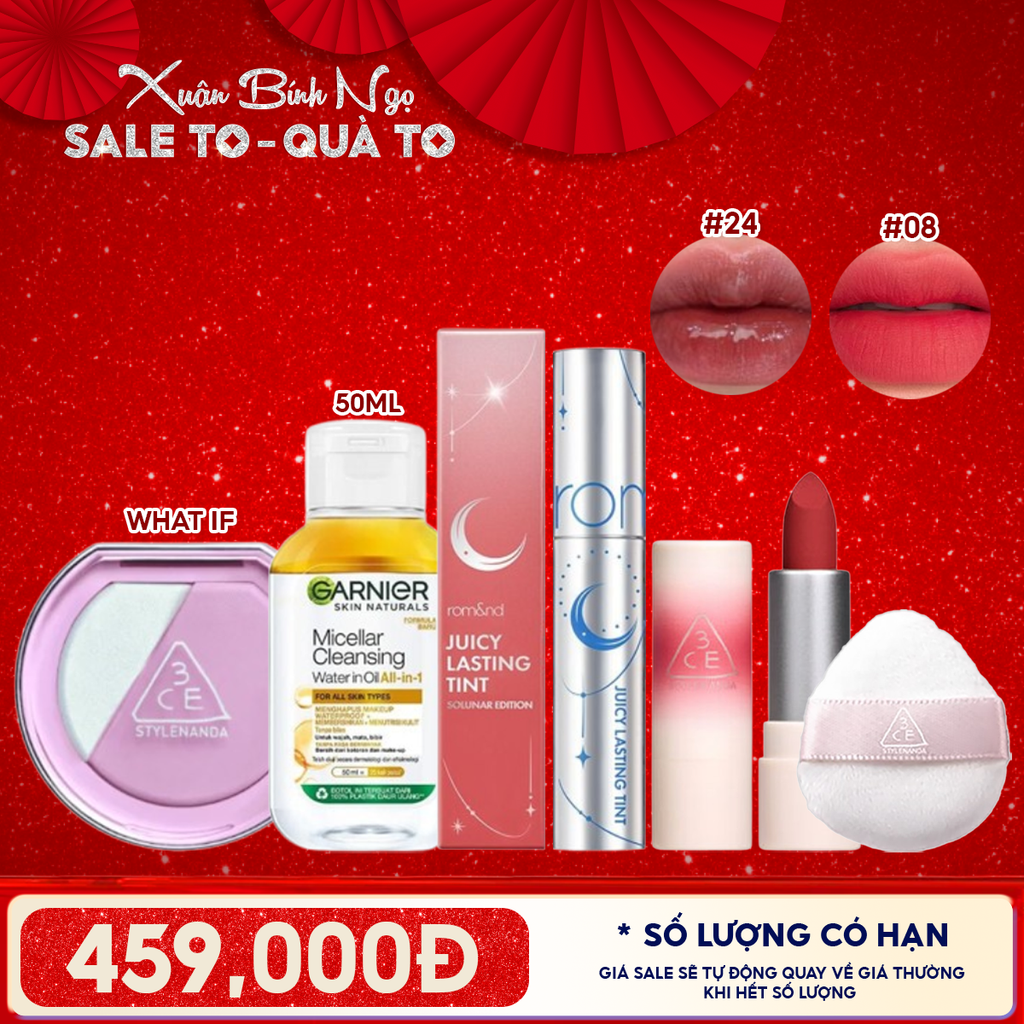 Combo Makeup: Phấn Má Hồng 3CE + Son Tint Lì Romand Solunar + Nước Tẩy Trang Mni Garnier 50ML + Son Thỏi Mini 3CE Cashmere Hug 08 Hush Red + Mút Trang Điểm 3CE