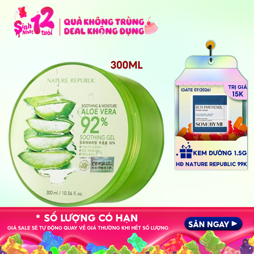 Gel Dưỡng Ẩm Nature Republic Chiết Xuất Lô Hội Cấp Ẩm & Làm Dịu Da Soothing & Moisture Aloe Vera 92% Soothing Gel 300ml