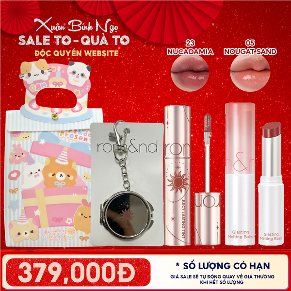  Combo Romand: Son Tint Lì Juicy Solunar Edition + Gương Móc Khóa Romand Solunar + Son Dưỡng Melting Balm 05 Nougat Sand + Túi Quà 