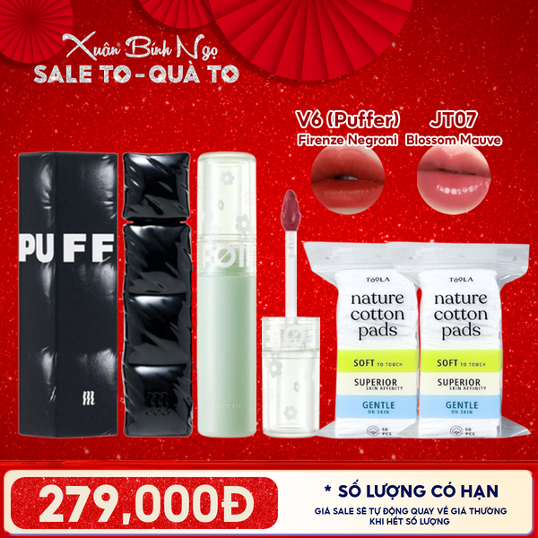  Combo Quà Tặng: Son Kem Lì Merzy Puffer V6 + Son Tint Bóng FOIF JT7 Blossom Mauve + 2 Bông Tẩy Trang TOOLA - 50 miếng 
