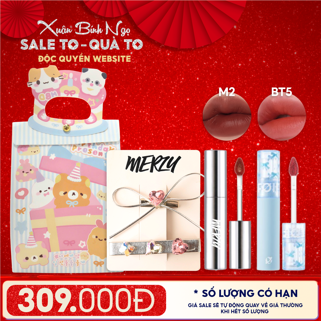 Combo Quà Tặng: Son Kem Lì Merzy The Glam Mellow Tint + Son Kem Lì FOIF Daily Blur Tint + Kẹp Tóc Merzy + Túi Quà