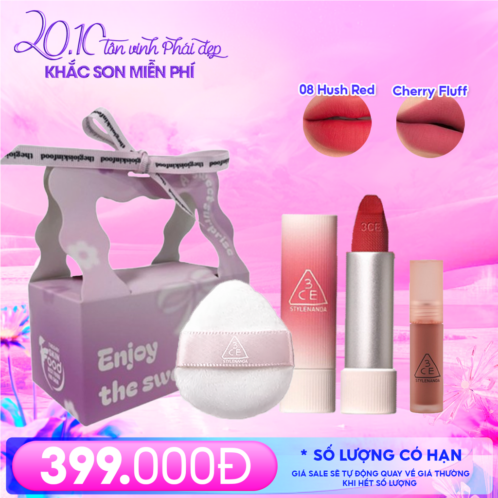 Combo Quà Tặng 20/10: Túi Quà + Son Thỏi Mịn Lì, Mềm Môi 3CE 08 Hush Red + Mút Trang Điểm 3CE + Son Kem Lì Mini 3CE Lay Down