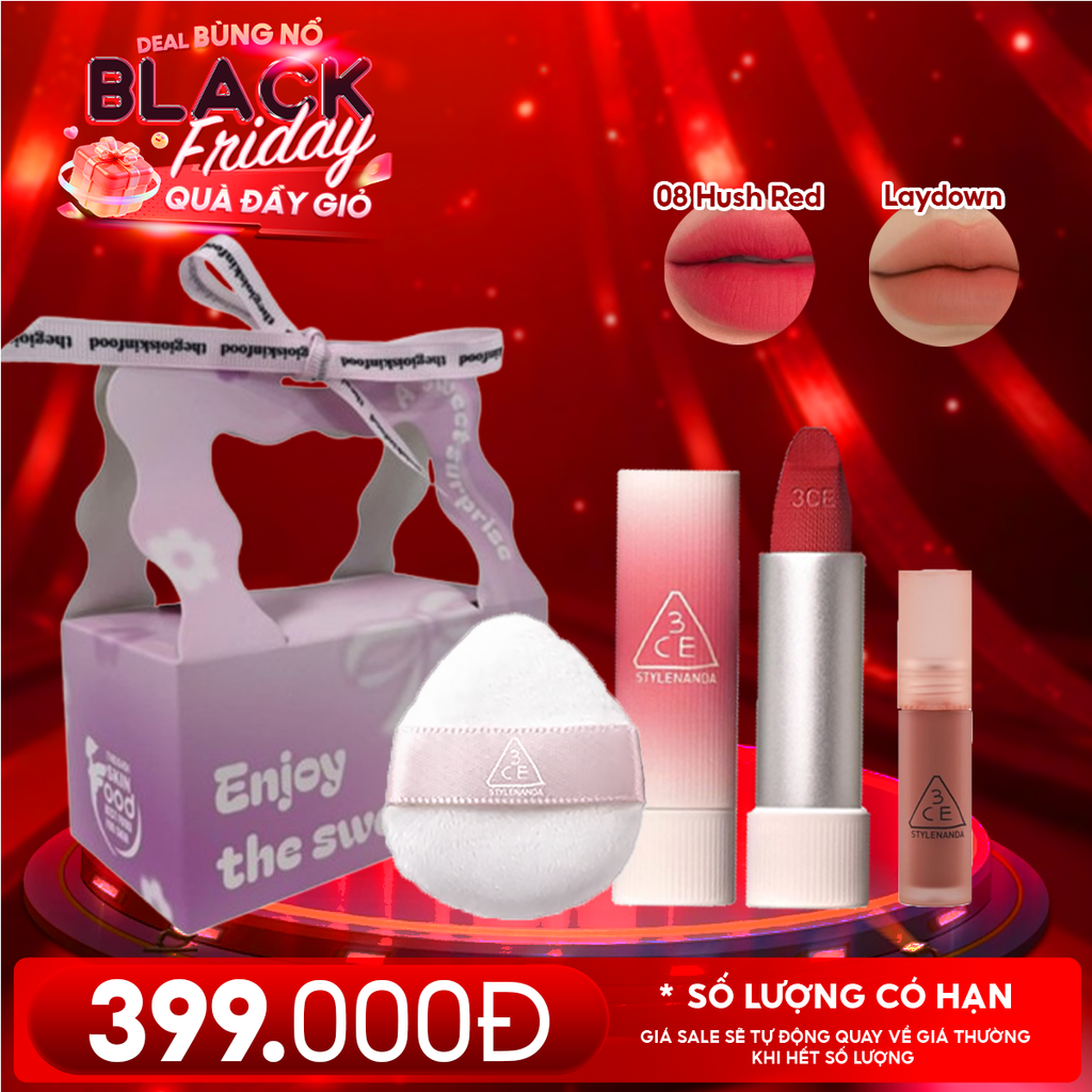 Combo Quà Tặng 20/11: Túi Quà + Son Thỏi Mịn Lì, Mềm Môi 3CE 08 Hush Red + Mút Trang Điểm 3CE + Son Kem Lì Mini 3CE Lay Down
