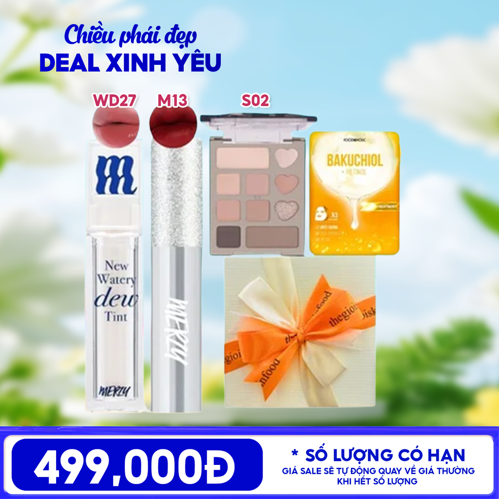 [HỘP QUÀ YÊU THƯƠNG] Son Tint Bóng Merzy The Watery Dew Tint + Son Kem Lì Merzy The Glam Mellow Tint + Phấn Mắt VEECCI 10 Ô Glamorous Dreamland + Mặt Nạ Foodaholic + Hộp Quà Ngẫu Nhiên