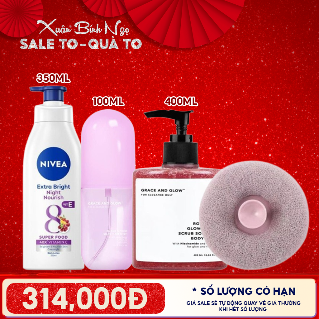 Combo Valentine: Sữa Dưỡng Thể Dưỡng Sáng Ban Đêm Nivea 350ML + Sữa Tắm Tẩy Tế Bào Chết Grace And Glow 400ml ROUGE 540 + Bông Tắm Tròn TOOLA + Xịt Dưỡng Tóc Grace And Glow Black Opium 100ml