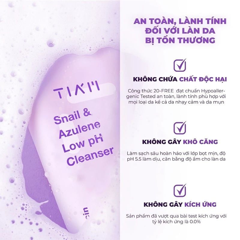 Sữa Rửa Mặt Tiam Ốc Sên Làm Dịu, Hỗ Trợ Phục Hồi Da Snail & Azulene Low pH Cleanser 200ml