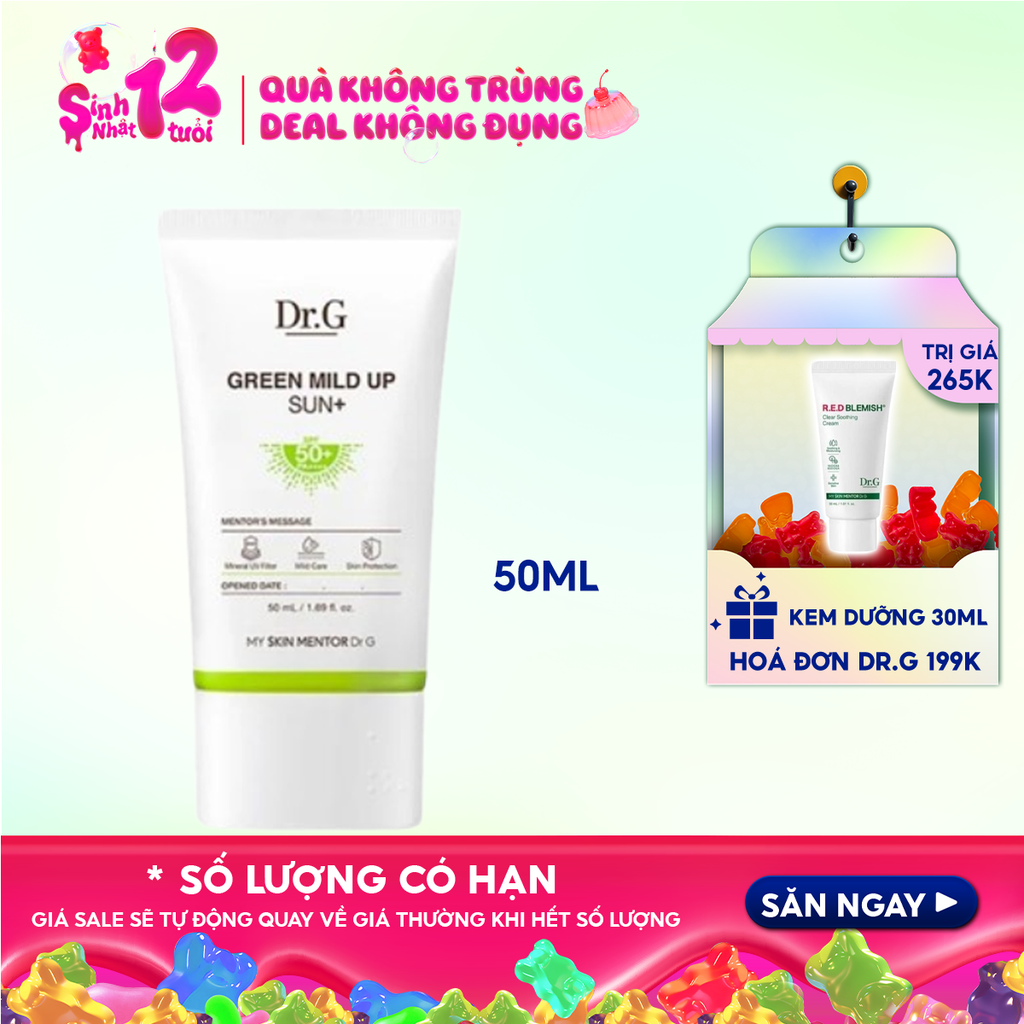 Kem Chống Nắng Dr.G Vật Lý, Chống Ánh Sáng Xanh, Giảm Mụn Dành Cho Da Nhạy Cảm Green Mild Up Sun+ SPF50+/ PA++++ 50ml