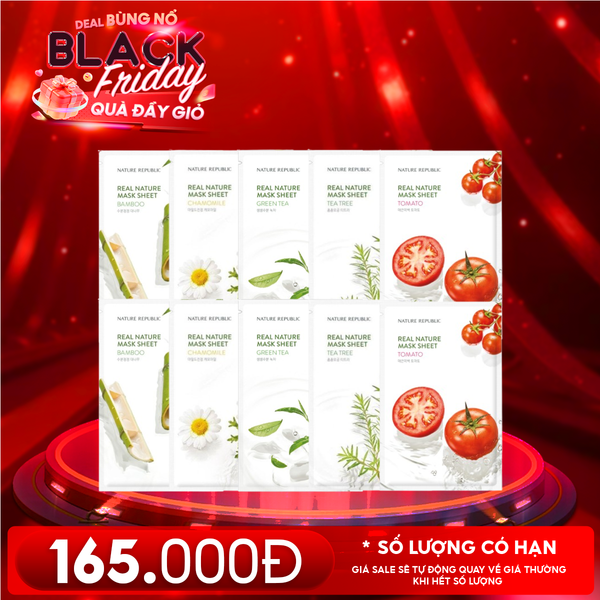  Combo Mask 10 Miếng: Mặt Nạ Dưỡng Ẩm Nature Republic Real Nature Mask Sheet ( Bamboo 2 miếng; Chamomile 2 miếng; Green Tea 2 miếng; Tea Tree 2 miếng; Tomato 2 miếng) 