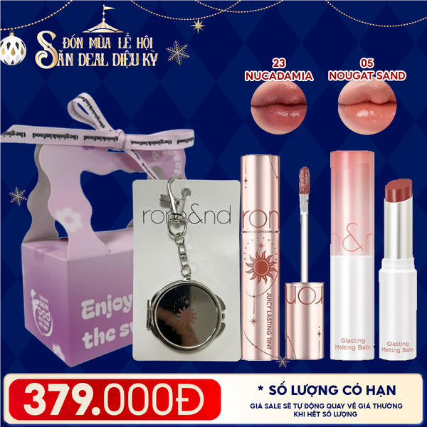  Combo Romand: Son Tint Lì Juicy Solunar Edition + Gương Móc Khóa Romand Solunar + Son Dưỡng Melting Balm 05 Nougat Sand + Túi Quà 