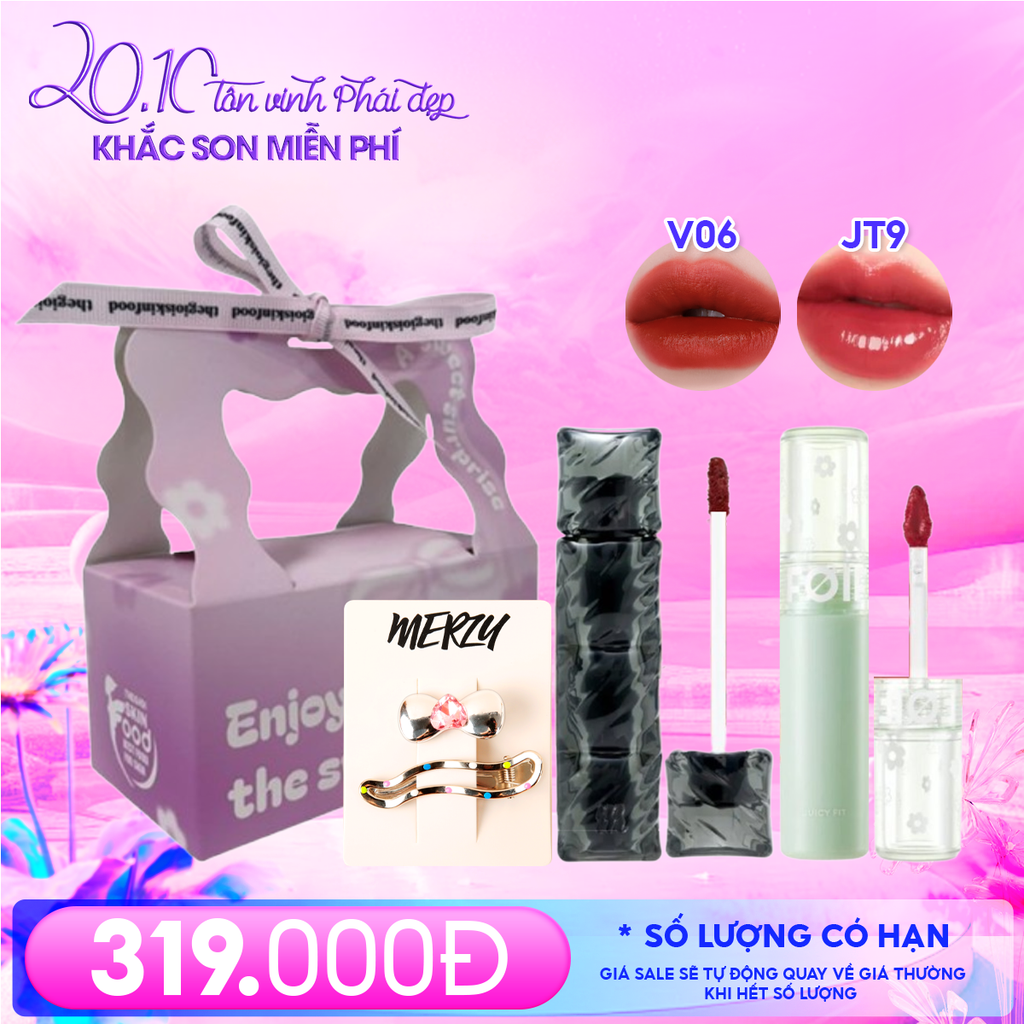 Combo Quà Tặng 20/10: Kẹp tóc Merzy + Son Kem Lì Merzy 3.7g #V6 + Son Tint Bóng FOIF 3g #JT9 + Túi Hộp Nhỏ #Hồng