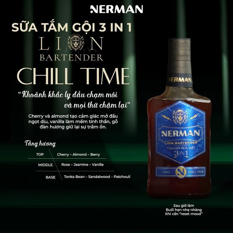 Sữa Tắm Gội Rửa Mặt 3in1 Nerman Lion Bartender 3In1 Hair & Body Wash 330g