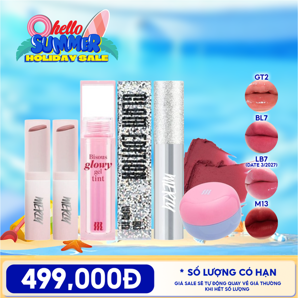  [PACK TIẾT KIỆM 15%] 2 Son Dưỡng Ẩm Có Màu Merzy LB7 Off Grape (date 03/2027) + Son Bóng Pha Lê Merzy + Son Kem Bùn Kiêm Má Hồng Merzy + Son Kem Lì Merzy The Glam M13 Vapor Red 