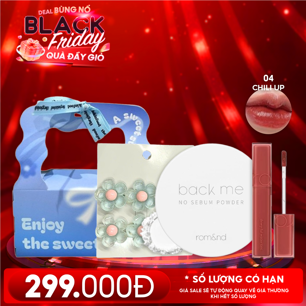 Combo Quà Tặng 20/11: Phấn Phủ Dạng Bột Romand Back Me No Sebum + Son Tint Bóng Romand Dewyful Water Tint  + Kẹp Tóc + Túi Quà