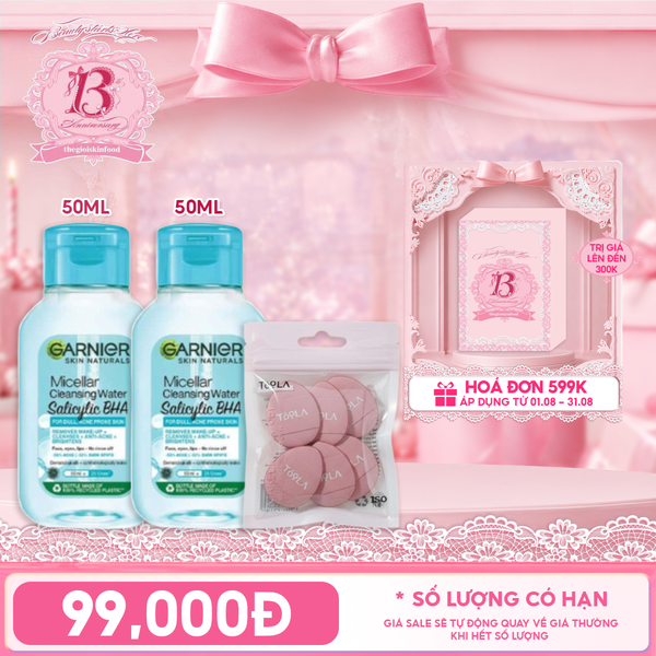  Combo Travel: Nước Tẩy Trang Garnier Làm Sạch Sâu Micellar Cleansing Water + Bông Mút Trang Điểm Mini Xỏ Ngón, Che Khuyết Điểm, Tán Má Hồng TOOLA Makeup Puff Set 