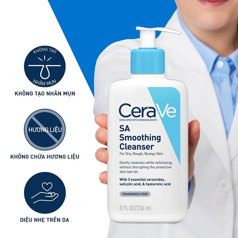 Sữa Rửa Mặt Cerave Làm Sạch Sâu Cho Da Mụn, Tẩy Da Chết Dịu Nhẹ Developed With Dermatologists SA Smoothing Cleanser 236ml