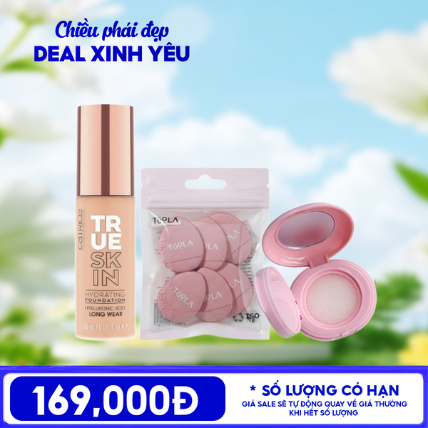 Combo DIY Base Make Up: Hộp Chiết Phấn Nước Trang Điểm TOOLA + Kem Nền Cấp Ẩm Catrice True Skin Hydrating Foundation + Bông Mút Trang Điểm TOOLA Makeup Puff Set 