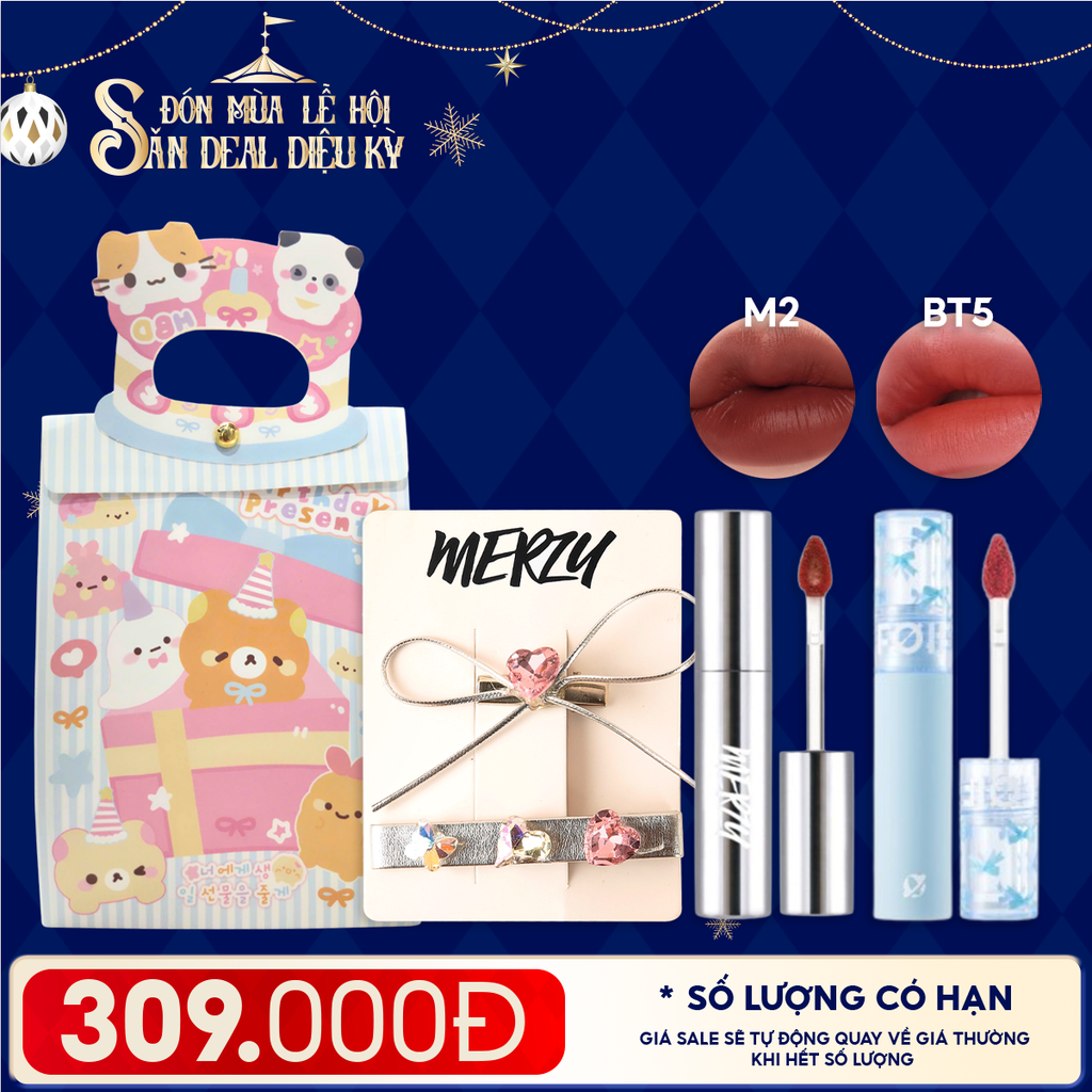Combo Quà Tặng: Son Kem Lì Merzy The Glam Mellow Tint + Son Kem Lì FOIF Daily Blur Tint + Kẹp Tóc Merzy + Túi Quà