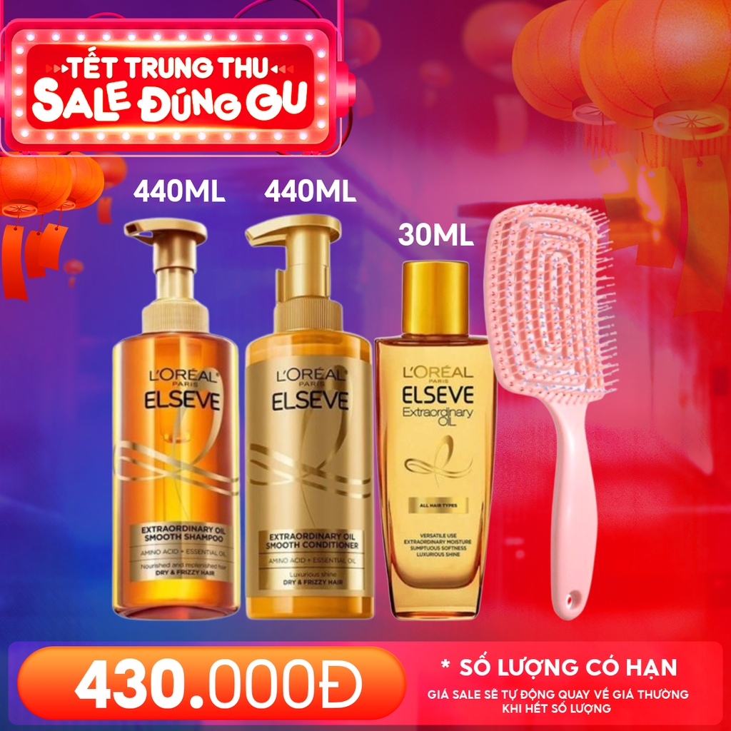 Combo 4 Sản Phẩm L'oreal: Dầu Xả Dưỡng Tóc Suôn Mượt 440ml + Dầu Gội L'oreal Dưỡng Tóc Suôn Mượt 440ml + Lược Chải Tóc + Dầu Dưỡng Tóc 30ml