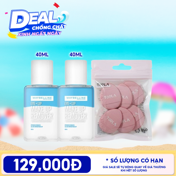  Combo Travel: Nước Tẩy Trang Mắt & Môi Maybelline Eye & Lip Makeup Remover 40ml + Bông Mút Trang Điểm Mini Xỏ Ngón, Che Khuyết Điểm, Tán Má Hồng TOOLA Makeup Puff Set 