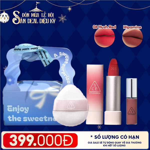  Combo Quà Tặng: Túi Quà + Son Thỏi Mịn Lì, Mềm Môi 3CE 08 Hush Red + Mút Trang Điểm 3CE + Son Kem Lì Mini 3CE Hipamine 