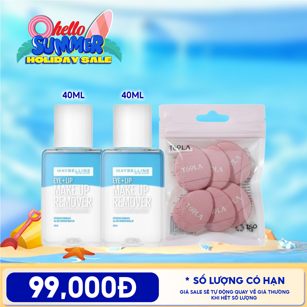 Combo Travelsize: Nước Tẩy Trang Mắt & Môi Maybelline Eye & Lip Makeup Remover 40ml + Bông Mút Trang Điểm Mini Xỏ Ngón, Che Khuyết Điểm, Tán Má Hồng TOOLA Makeup Puff Set