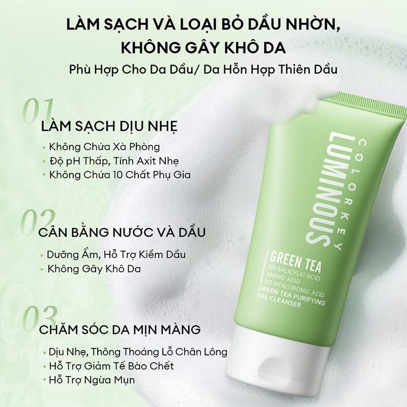 Gel Rửa Mặt Colorkey Trà Xanh Luminous Green Tea Purifying Gel Cleanser 100g