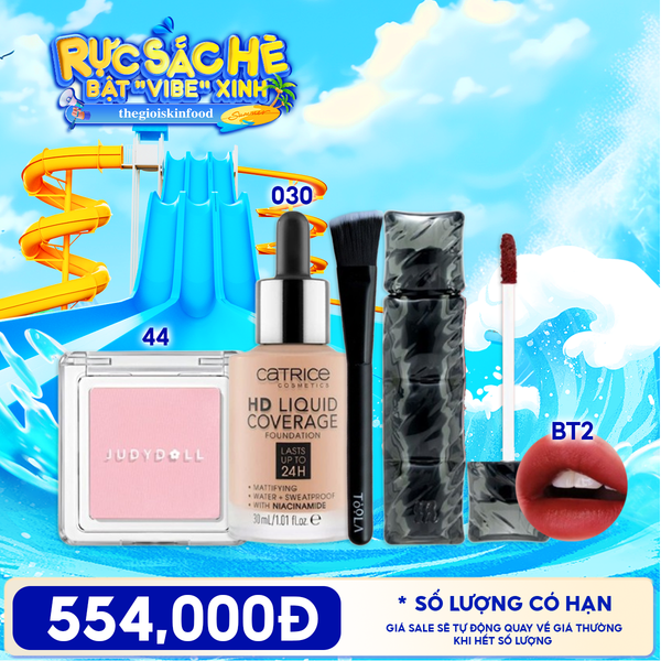  Combo Phấn Má Hồng Judydoll Blush Powder + Kem Nền Catrice HD Liquid Coverage Foundation 30ml + Son Kem Lì Merzy Puffer Velvet Tint + Cọ Trang Điểm Tán Kem Nền TOOLA Foundation Brush 