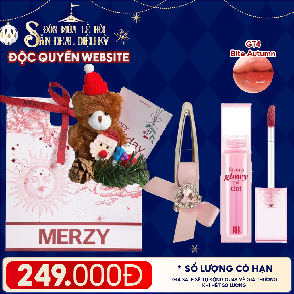 Túi Quà Giáng Sinh: Son Merzy + Kẹp Tóc Ngẫu Nhiên + Set Quà Gấu + Túi Giấy Merzy Holiday
