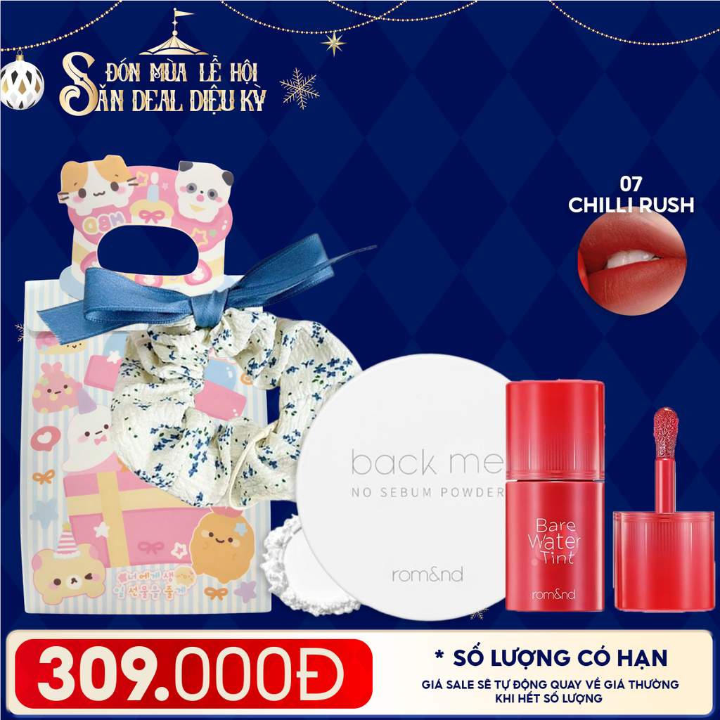 Combo Quà Tặng: Phấn Phủ Dạng Bột Romand Back Me No Sebum + Son Tint Romand Bare Water Tint + Cột Tóc + Túi Quà