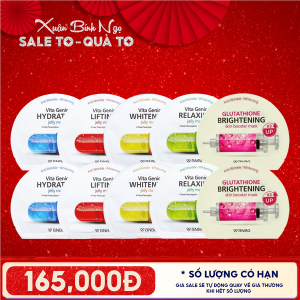  Combo BNBG 10 Mask: Mặt Nạ Miếng Vita Genic Vitamin B (2 miếng) + Vitamin E (2 miếng) + Vitamin A (2 miếng) + Vitamin B3 (2 miếng) + Glutathione Brightening (2 miếng) 