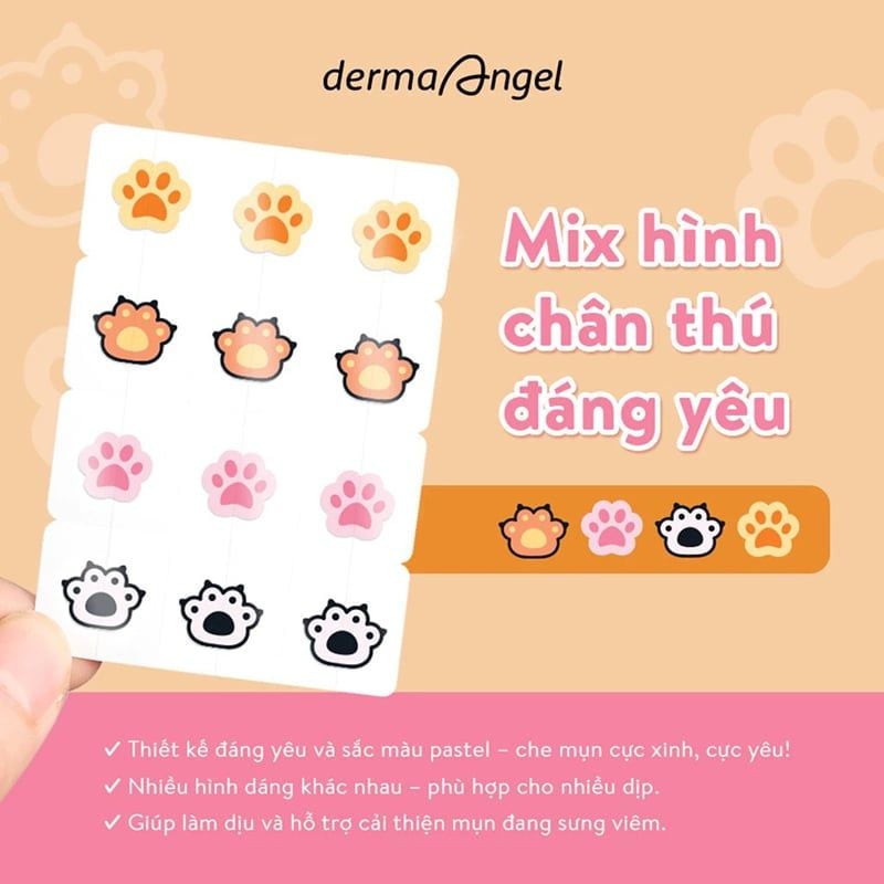 Miếng Dán Mụn Derma Angel Hình Vui Nhộn Acne Beauty Patch Colorful Mix Shaped Cute Paws (12 miếng)