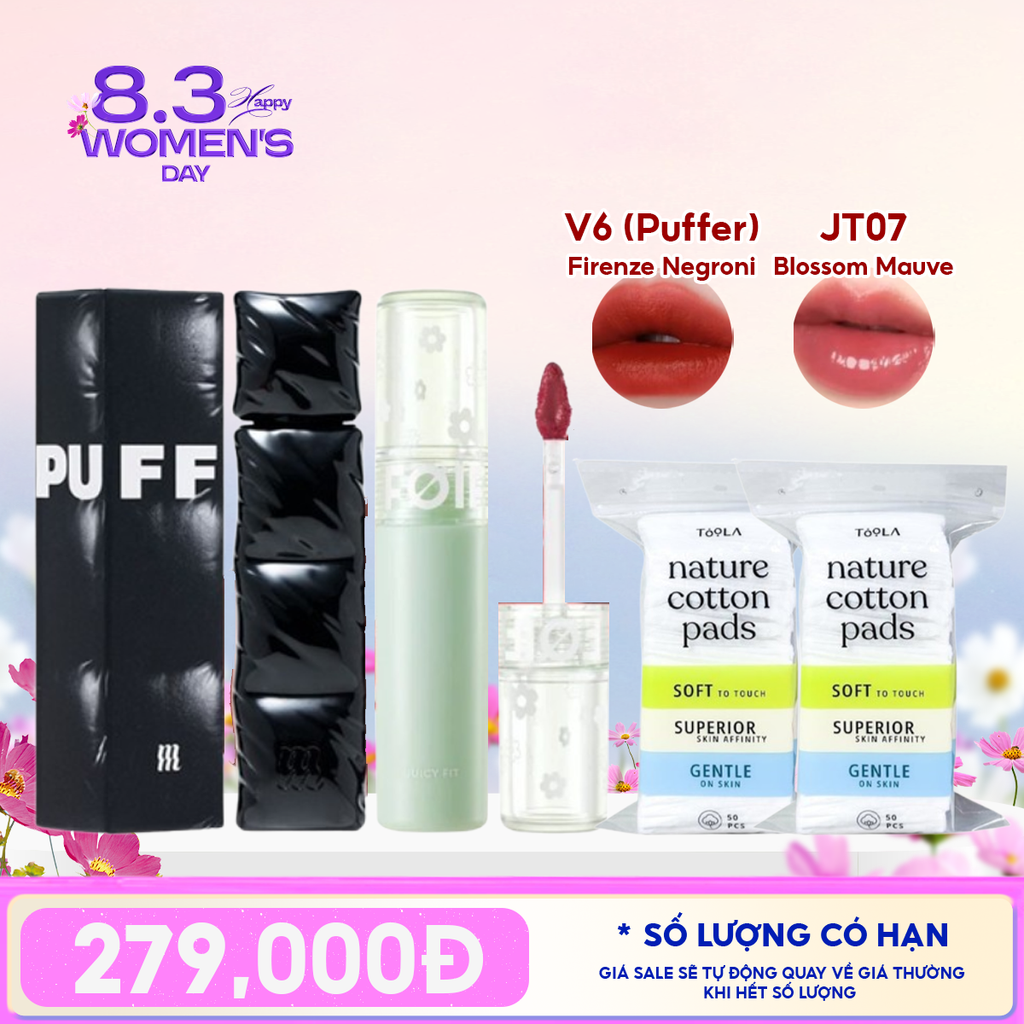 Combo Quà Tặng: Son Kem Lì Merzy Puffer V6 + Son Tint Bóng FOIF JT7 Blossom Mauve + 2 Bông Tẩy Trang TOOLA - 50 miếng