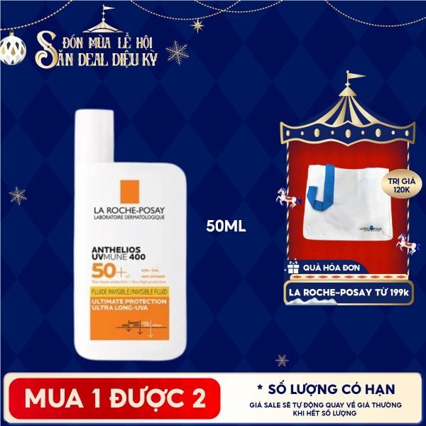  Kem Chống Nắng La Roche-Posay Dạng Sữa, Bảo Vệ Da Khỏi UVA Dài, Ngăn Ngừa Thâm Nám Anthelios UVMune 400 Invisible Fluid SPF50+ 50ml 