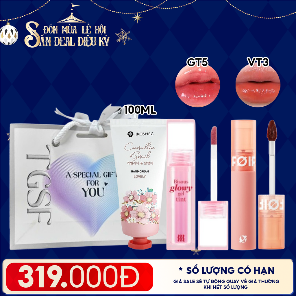 Combo Quà Tặng: Son Kem Lì/ Son Bóng Pha Lê Merzy + Son Kem Lì FOIF Daily Velvet Tint + Kem Dưỡng Tay Jkosmec + Túi Quà