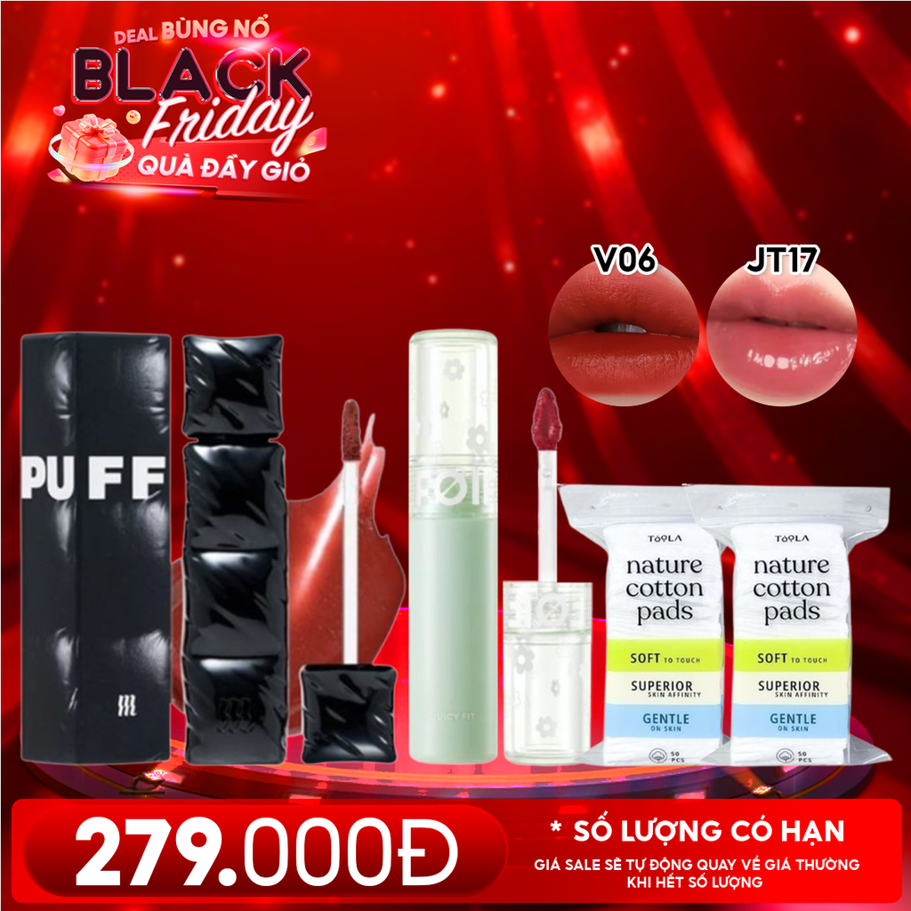 Combo Quà Tặng 20/11: Son Kem Lì Merzy Puffer V6 + Son Tint Bóng FOIF JT7 Blossom Mauve + 2 Bông Tẩy Trang TOOLA - 50 miếng