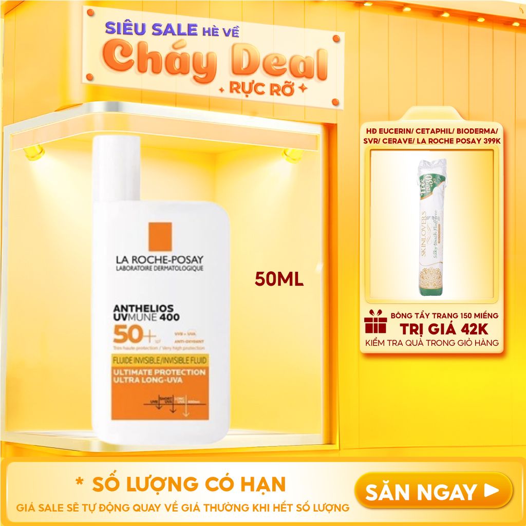 Kem Chống Nắng La Roche-Posay Dạng Sữa, Bảo Vệ Da Khỏi UVA Dài, Ngăn Ngừa Thâm Nám Anthelios UVMune 400 Invisible Fluid SPF50+ 50ml