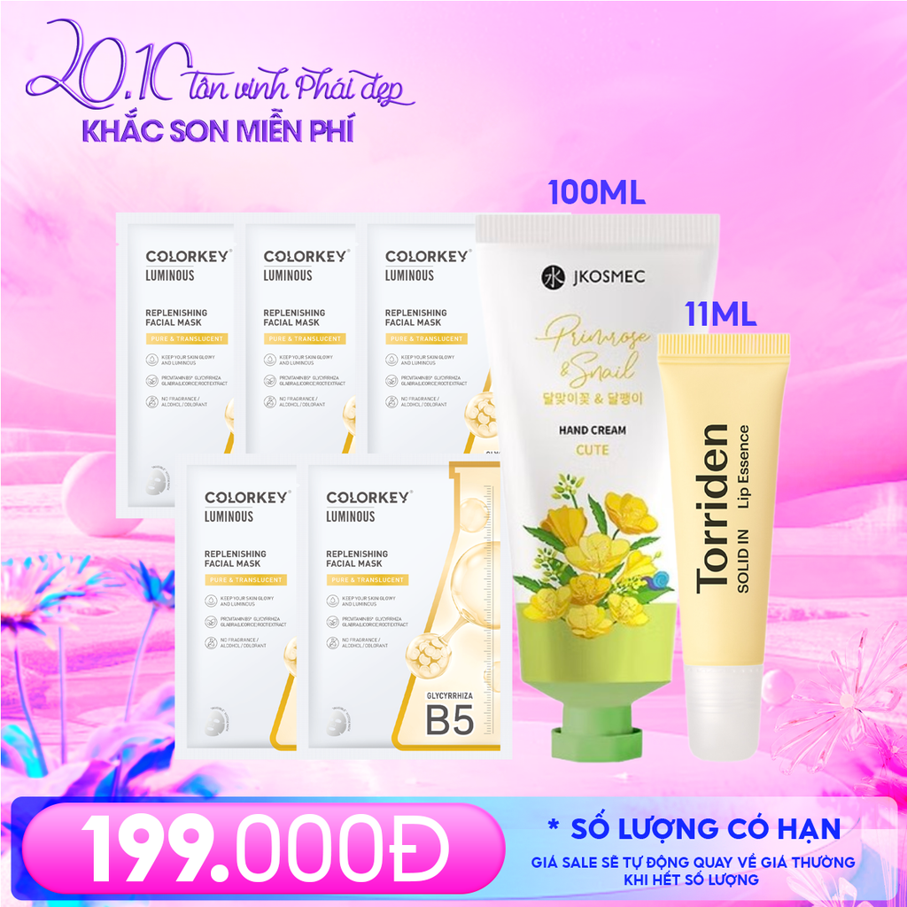 Combo 20/10: Kem Dưỡng Da Tay Jkosmec 100ml #Evening Primrose & Snail + Mặt Nạ Colorkey 25ml #Replenishing (5 miếng) + Tinh Chất Dưỡng Môi Torriden 11ml