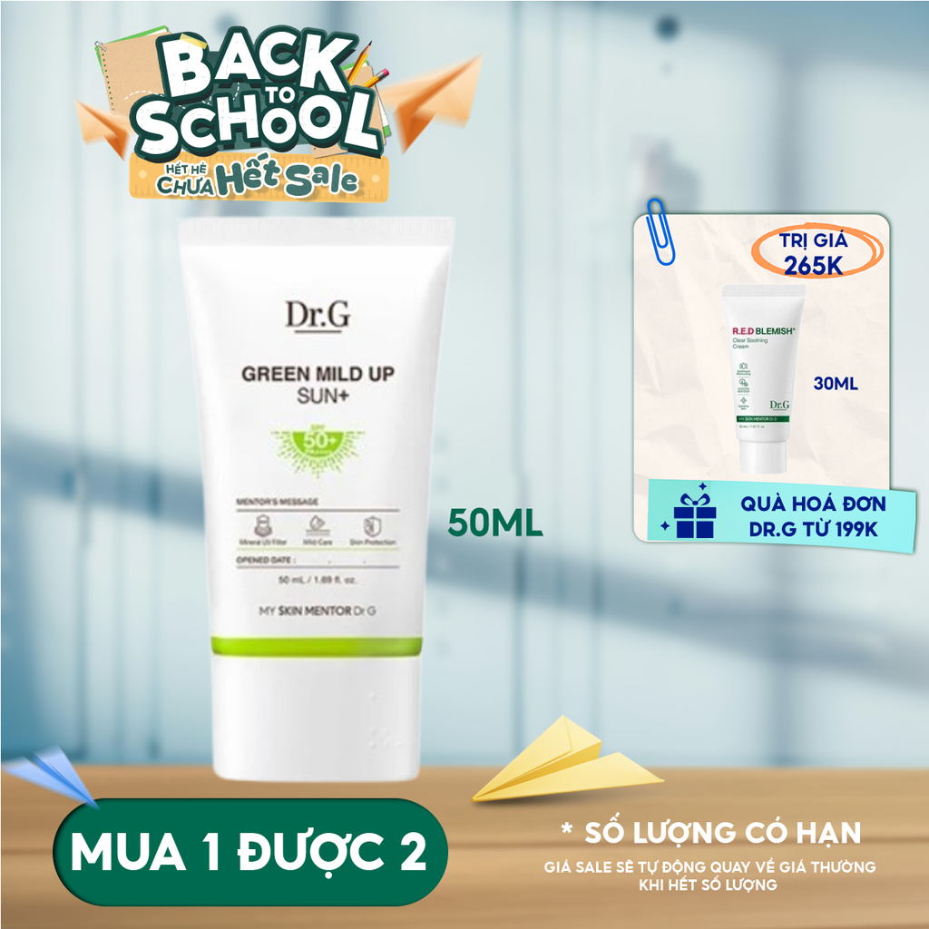 Kem Chống Nắng Dr.G Vật Lý, Chống Ánh Sáng Xanh, Giảm Mụn Dành Cho Da Nhạy Cảm Green Mild Up Sun+ SPF50+/ PA++++ 50ml