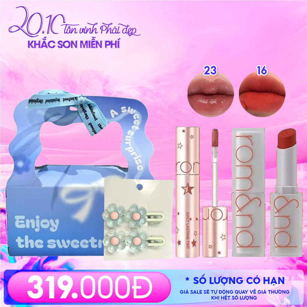 Combo Quà Tặng 20/10: Túi Quà + Son Tint Lì Romand Starry Edition 23 + Son Thỏi Lì Romand #16 Dazzle Red  + Kẹp Tóc Ngẫu Nhiên
