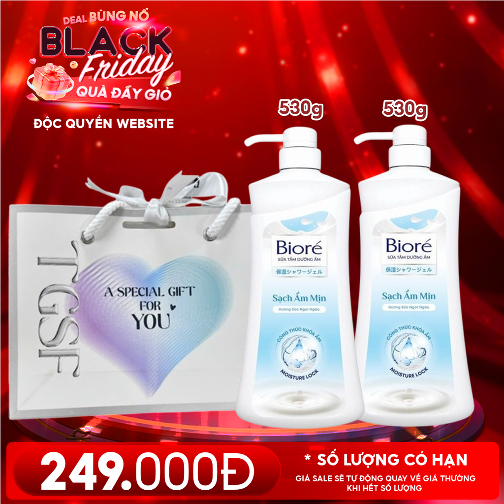 Combo Quà Tặng 20/11: 2 Chai Sữa Tắm Bioré Dưỡng Ẩm Mịn Da 530g + Túi Quà
