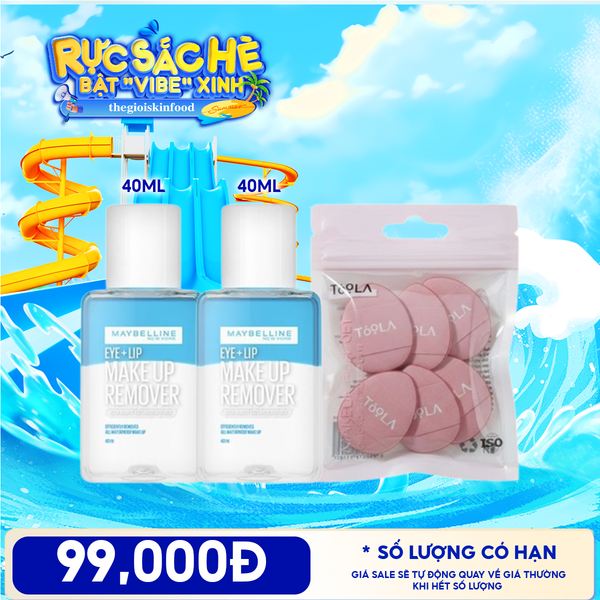  Combo Travel: Nước Tẩy Trang Mắt & Môi Maybelline Eye & Lip Makeup Remover 40ml + Bông Mút Trang Điểm Mini Xỏ Ngón, Che Khuyết Điểm, Tán Má Hồng TOOLA Makeup Puff Set 