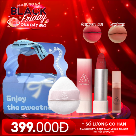 Combo Quà Tặng 20/11: Túi Quà + Son Thỏi Mịn Lì, Mềm Môi 3CE 08 Hush Red + Mút Trang Điểm 3CE + Son Kem Lì Mini 3CE Lay Down
