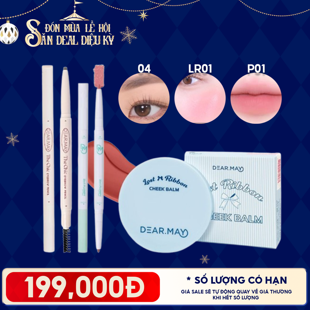 Combo Dearmay: Chì Kẻ Mày Bền Màu 04 Rich Brown + Má Hồng Dạng Kem Thuần Chay LR01 Cherry Liar + Chì Kẻ Viền Môi Tạo Khối Môi 2 Đầu