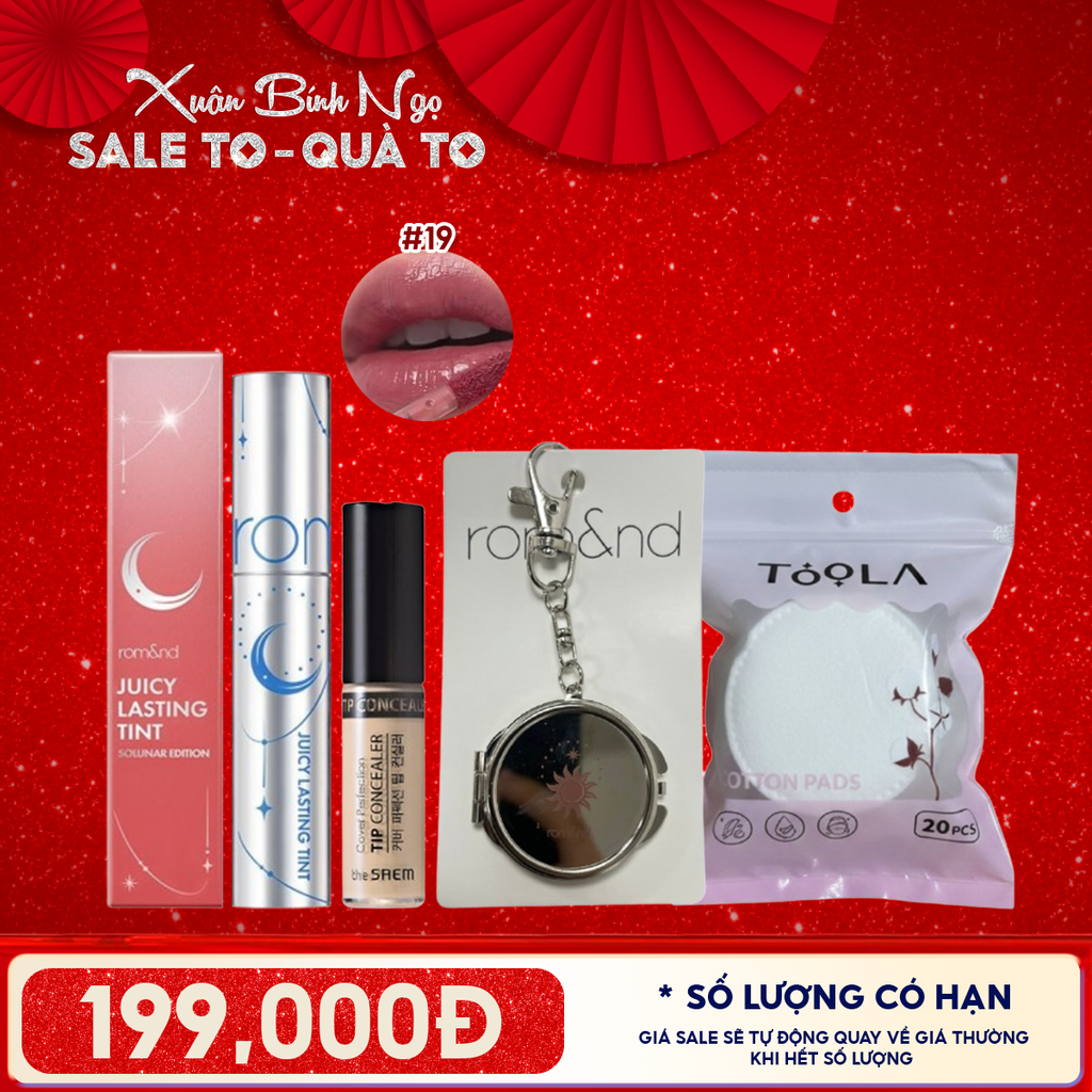 Combo Quà Tặng 8.3:  Son Tint Lì Romand Juicy Solunar Edition + Gương Móc Khóa Romand Solunar + Bông Tẩy Trang Tròn TOOLA x Romand +Kem Chống Nắng The Saem Clear Beige